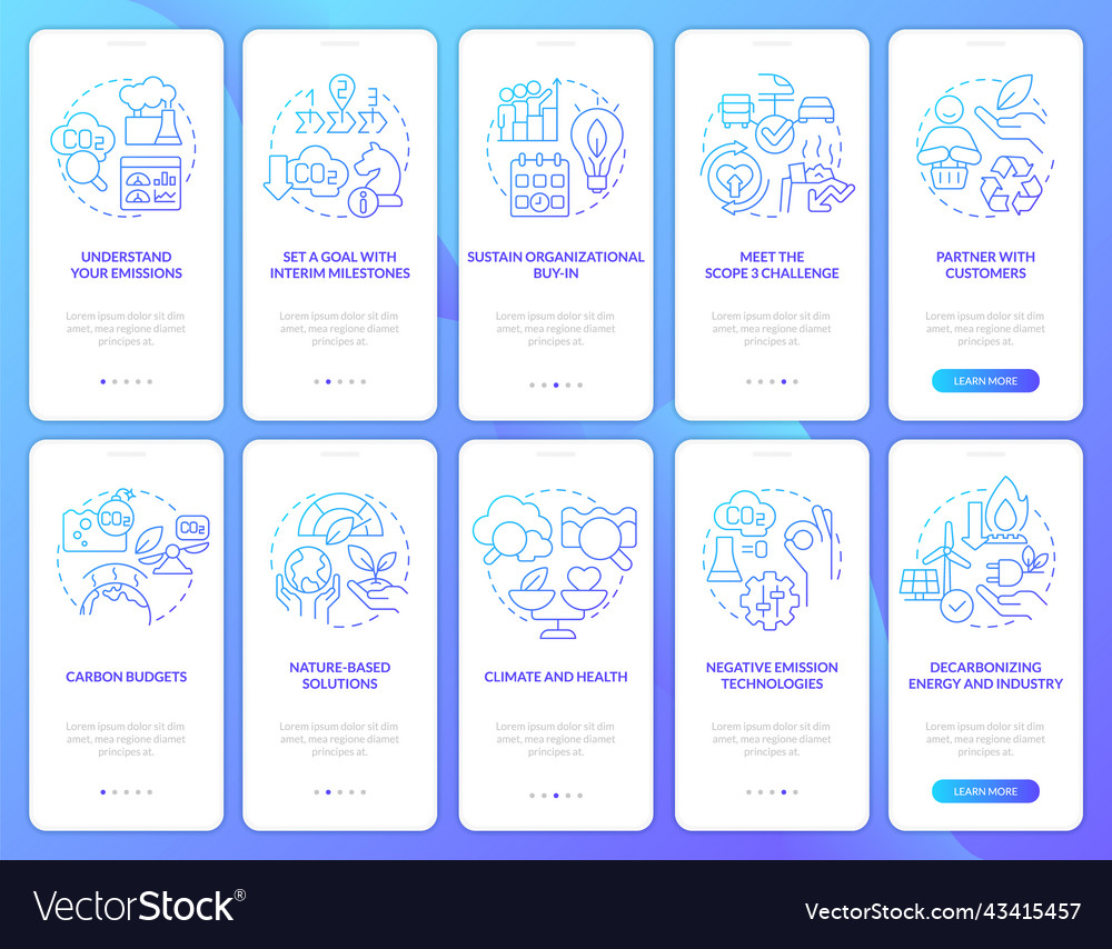 Transforming to net zero blue gradient onboarding vector image Transforming to net zero blue gradient onboarding