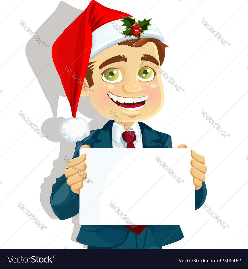 Businessman in a cap santa claus with blank