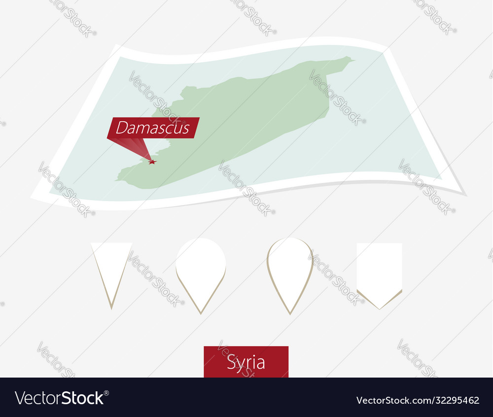 Curved paper map syria with capital damascus