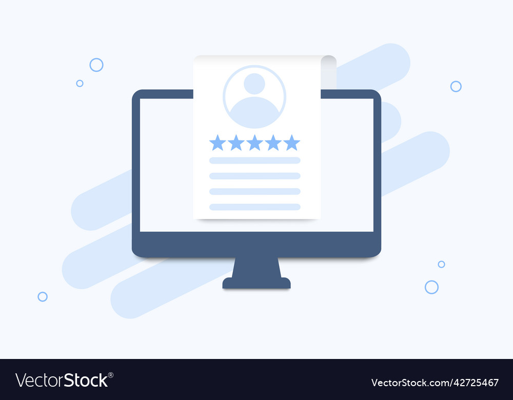 Computer with a list of customer reviews in flat vector image Computer with a list of customer reviews in flat