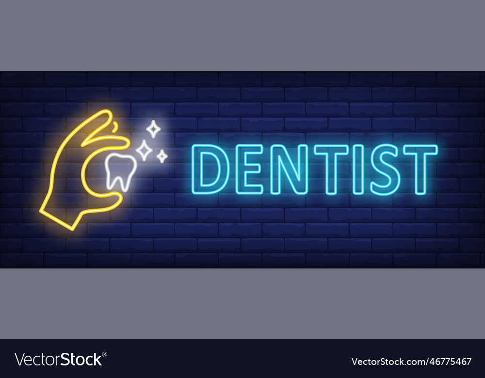 Dentist neon text with hand holding glowing tooth vector image Dentist neon text with hand holding glowing tooth