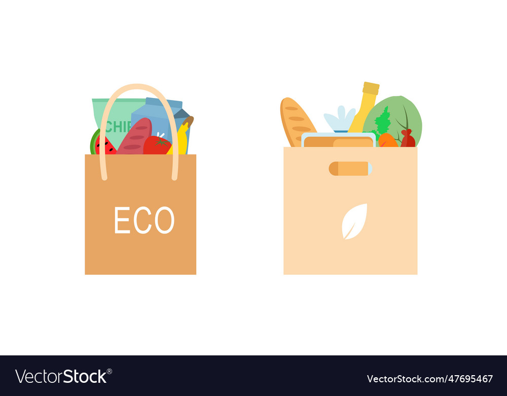 Set Of Grocery Brown Bags With Eco Organic Food Vector Image