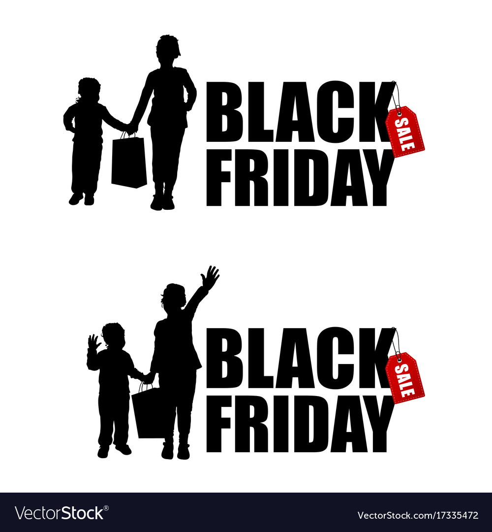 Children silhouette with black friday and sale tag