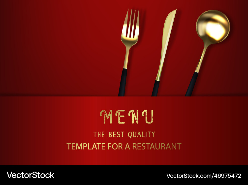 Realistic 3d golden fork knife and spoon on a red Vector Image