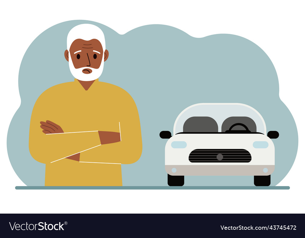 Sad old man next to a beautiful white car