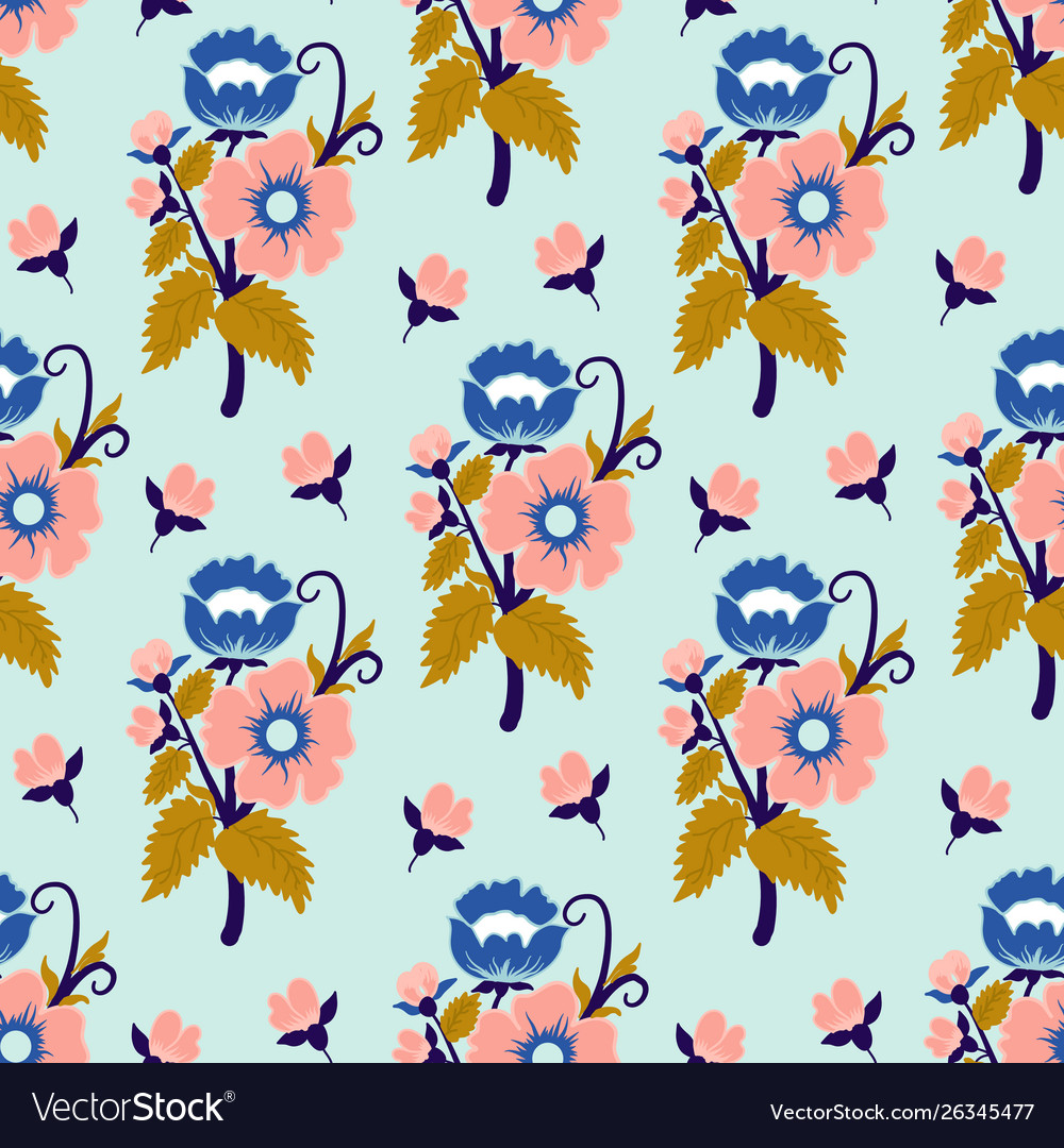 Blue pink and gold vintage flowers in a seamless Vector Image