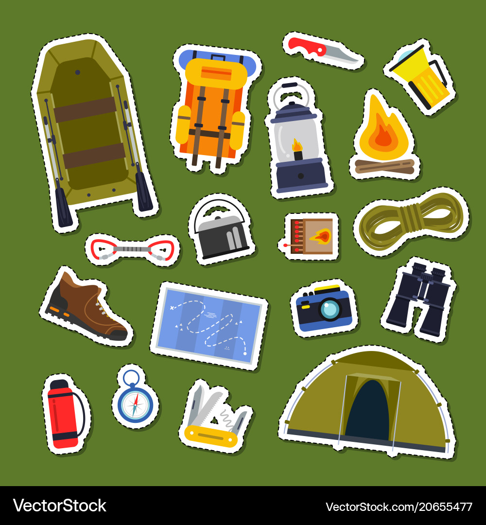 Set flat style camping elements stickers Vector Image