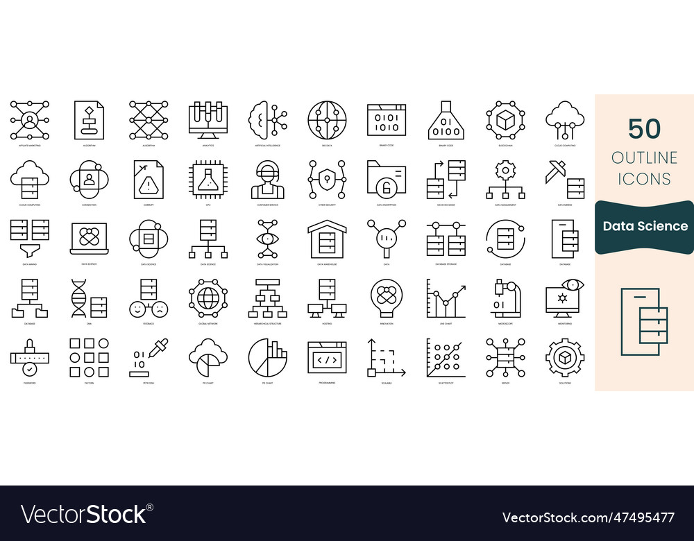 Set of data science icons thin linear style vector image Set of data science icons thin linear style