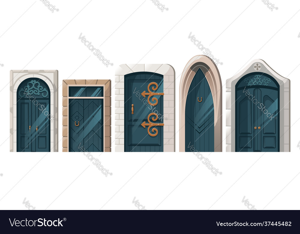 Ancient doors cartoon medieval castle entries set vector image Ancient doors cartoon medieval castle entries set