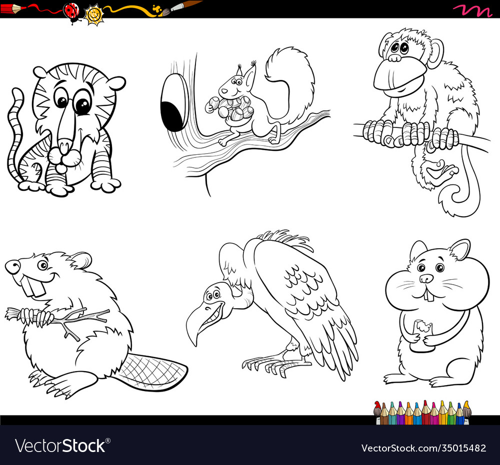 Cartoon animal characters set coloring book page Vector Image
