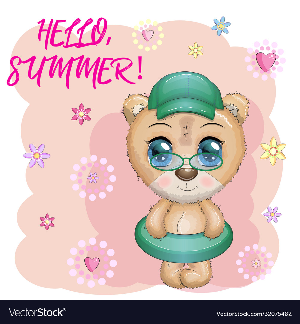 Cute cartoon bear with big eyes in a swimming