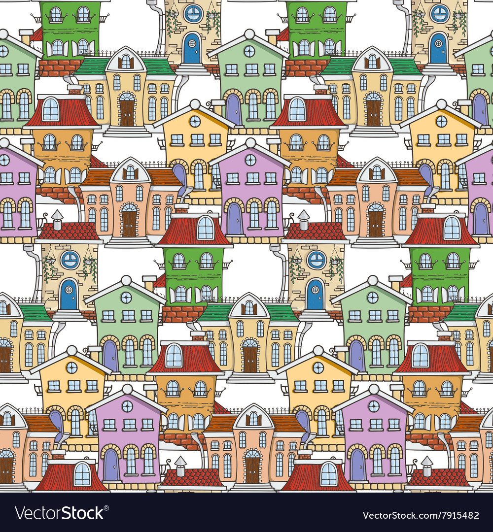 Cute seamless pattern of doodle houses