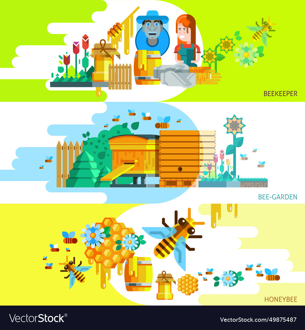 Colorful beekeping horizontal banners