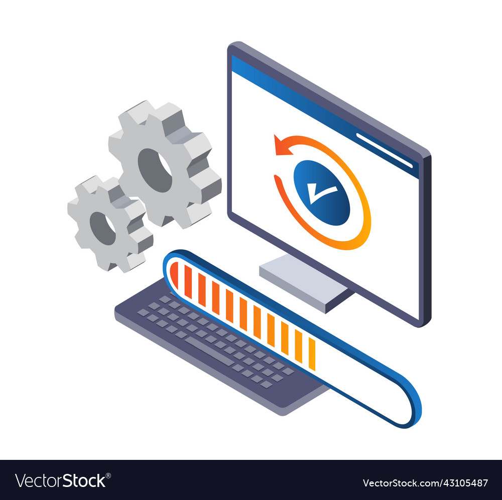 Isometric concept of computer update process Vector Image