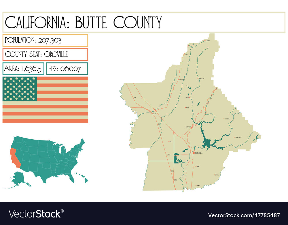 Map of butte county in california usa Royalty Free Vector