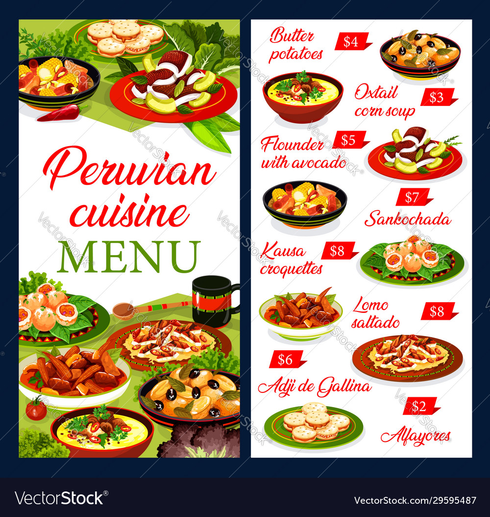 Peruvian fish seafood meat and vegetable dishes Vector Image