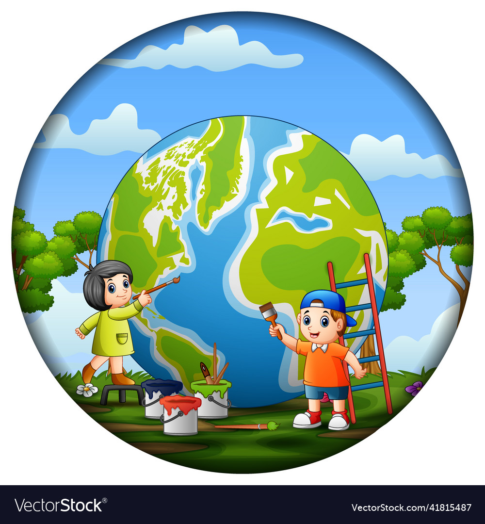 Round frame with children coloring the world