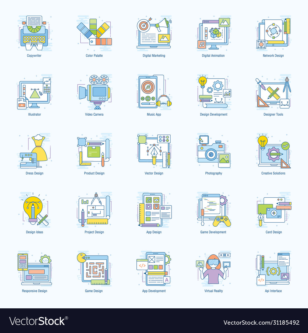 Digitale grafische Design flache Icons Pack