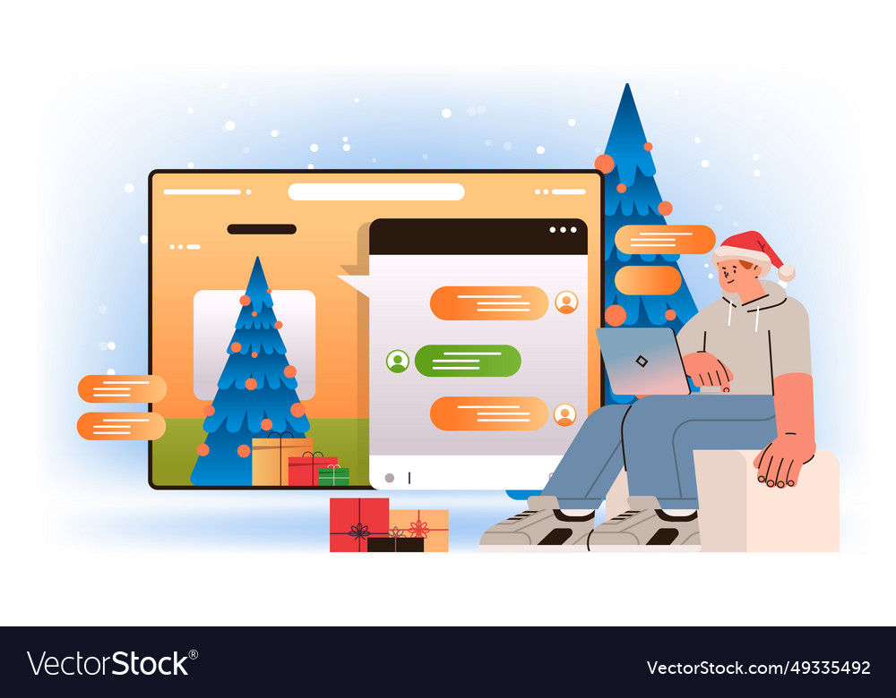 Mann in Santa Hat mit Dialog Computer App vector image Mann in Santa Hat mit Dialog Computer App