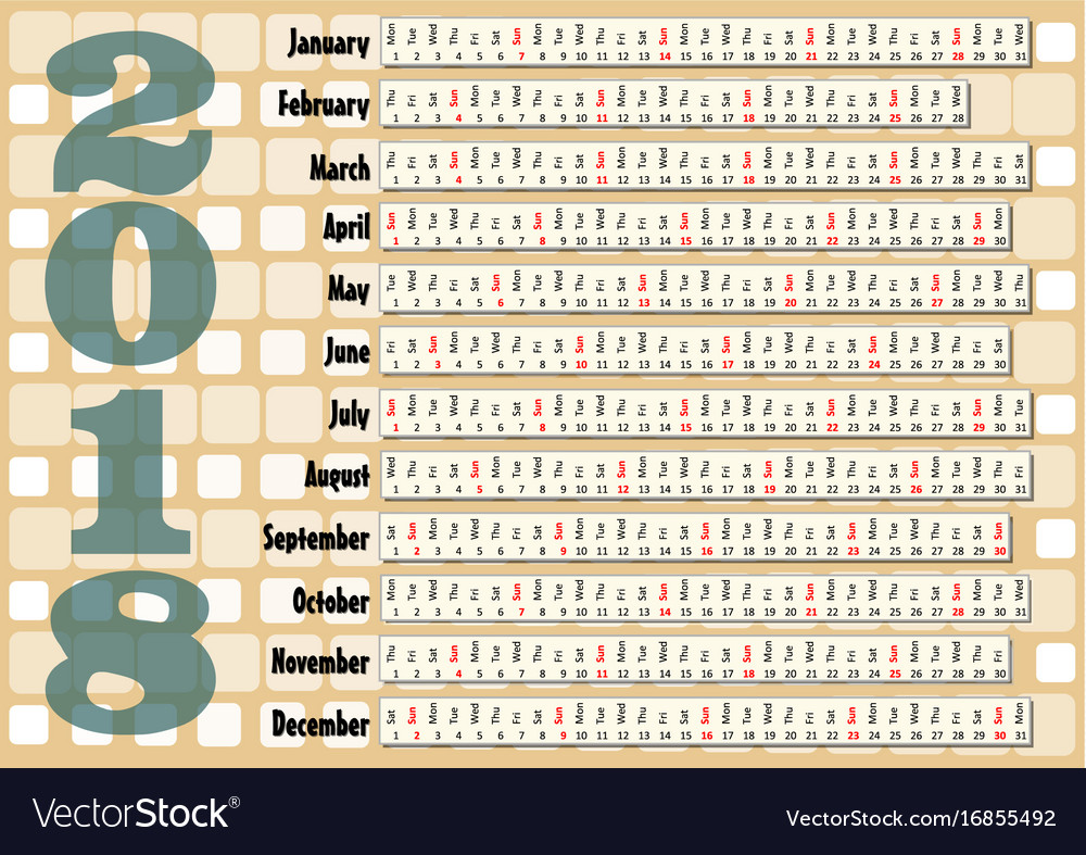 Simple horizontal calendar in unusual design