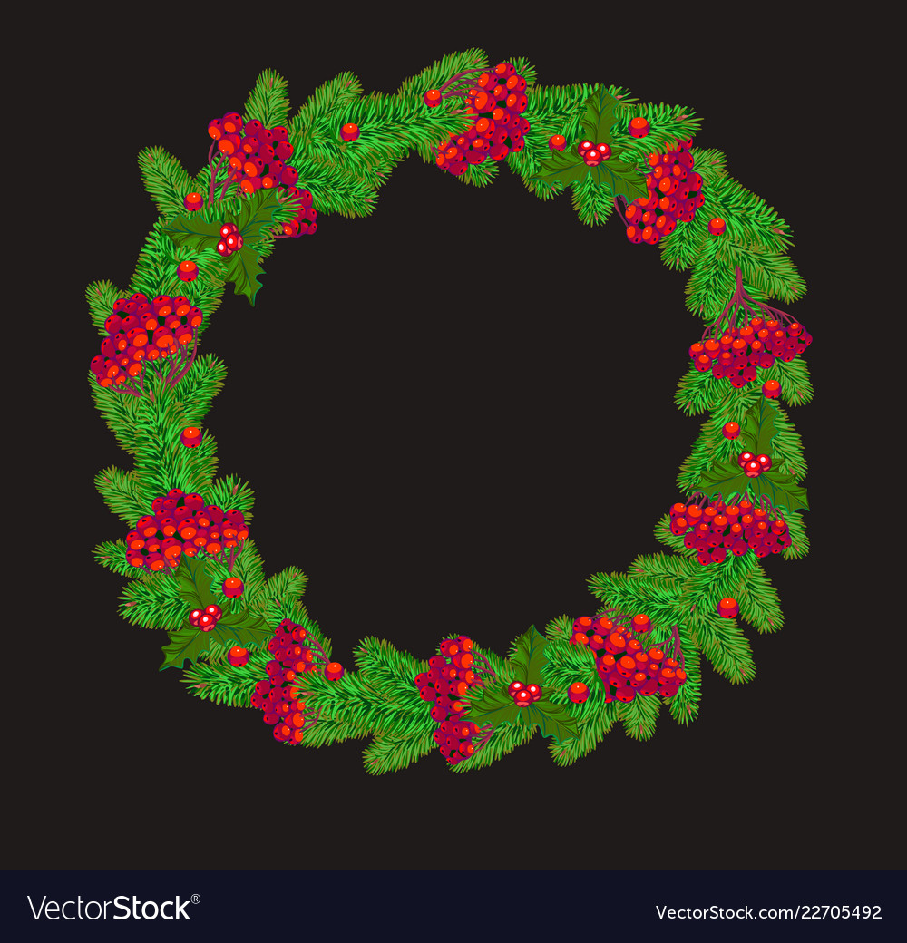 Wreath with red berries and christmas tree