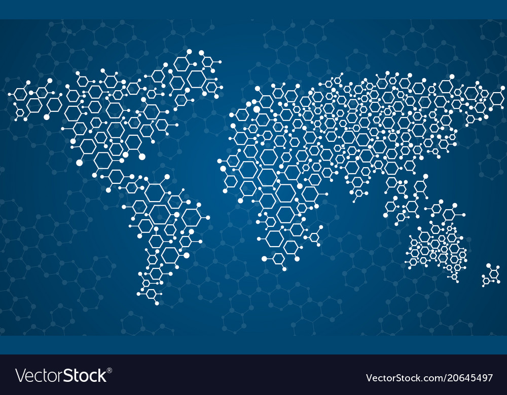 Abstract world map of hexagonal molecular