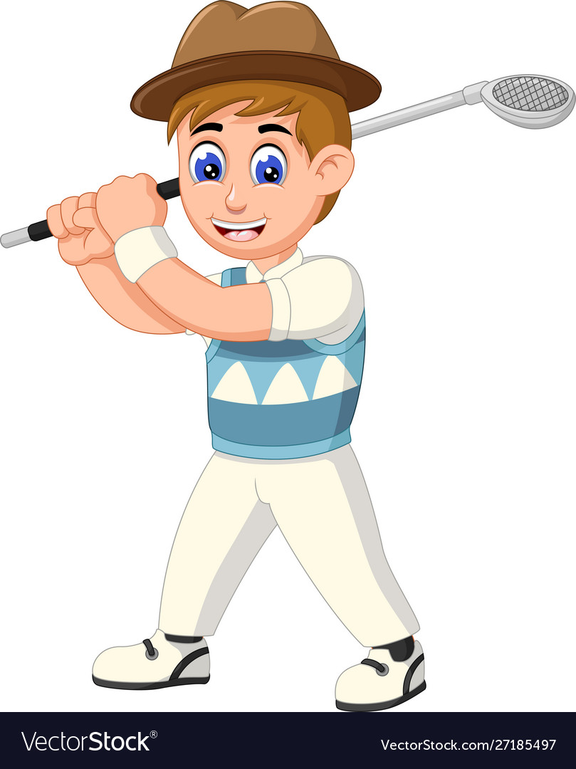 Funny golfer wearing blue white uniform brown hat Vector Image