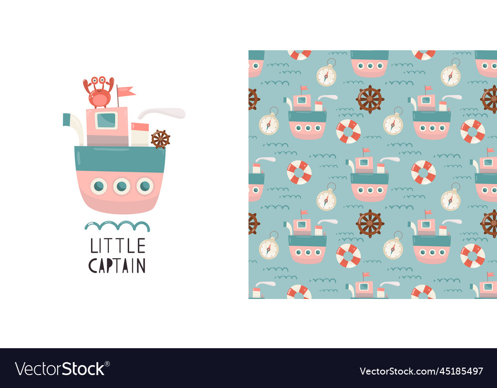 Nautical print card and seamless pattern vector image Nautical print card and seamless pattern