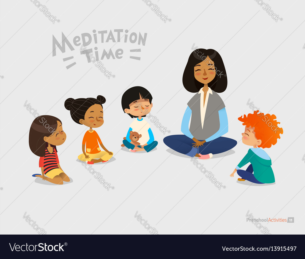 Preschool female teacher and smiling kids sitting Vector Image
