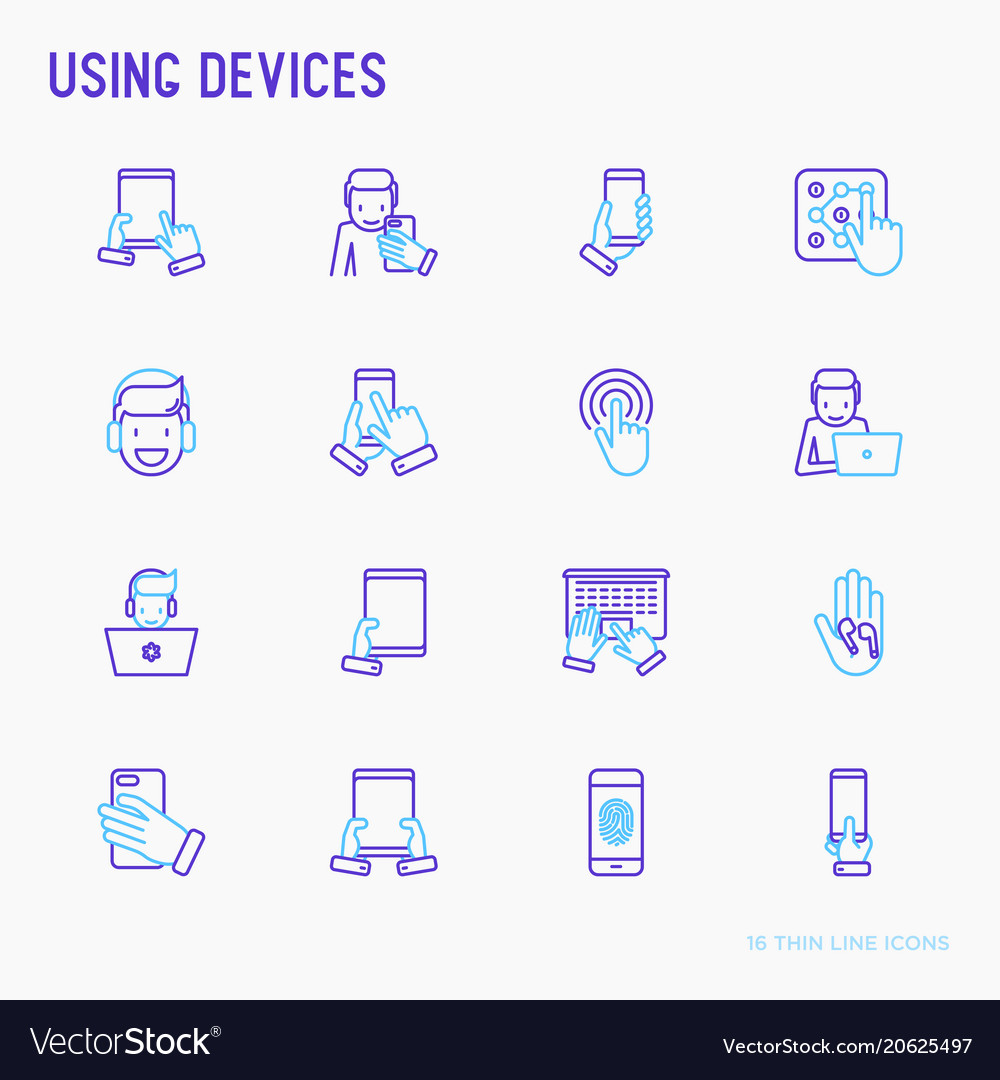 Using devices thin line icons set vector image Using devices thin line icons set