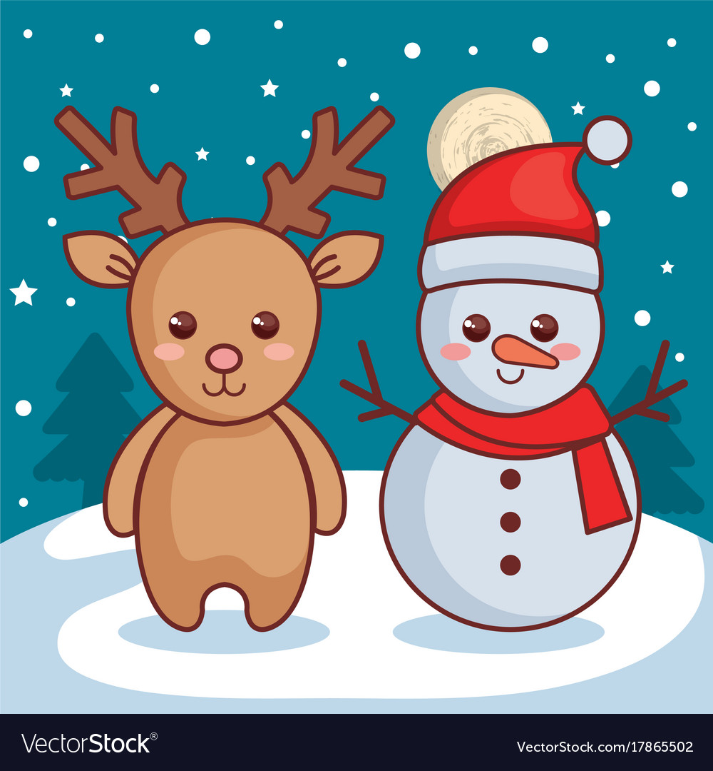 Reindeer with snowman christmas characters icon Vector Image