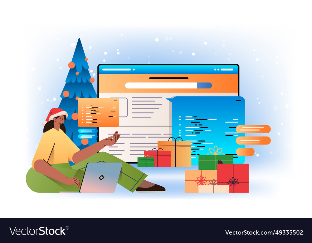 Web developer woman in santa hat creating program vector image Web developer woman in santa hat creating program