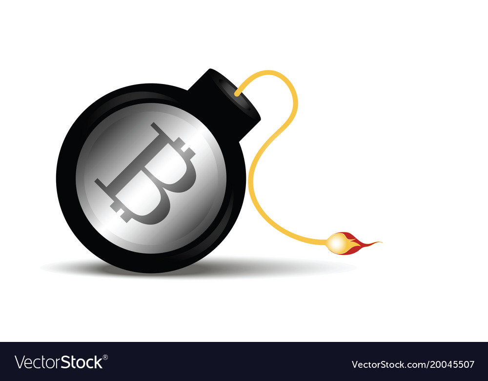 Bitcoin sign on a burning bomb isolated white