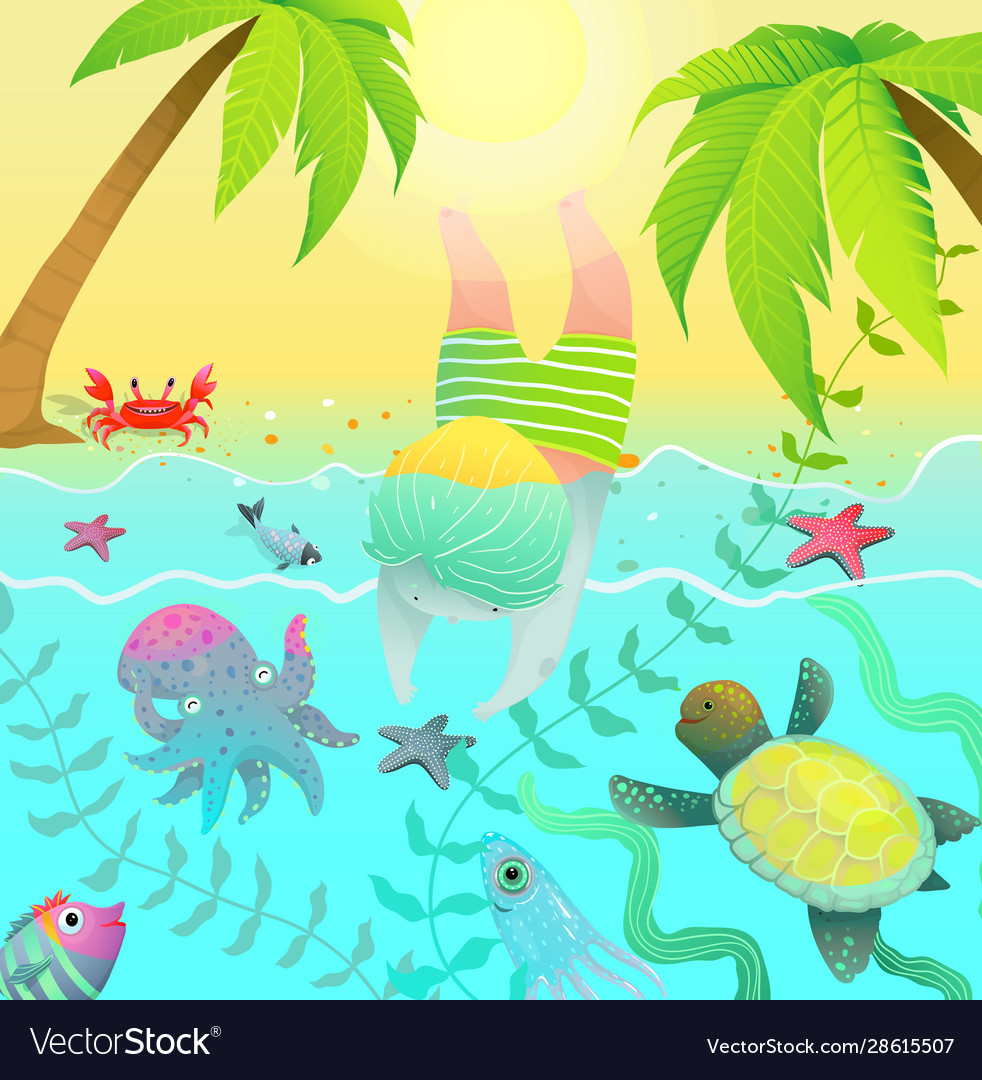Diving Jumping Boy Kid In Tropical Paradise Island