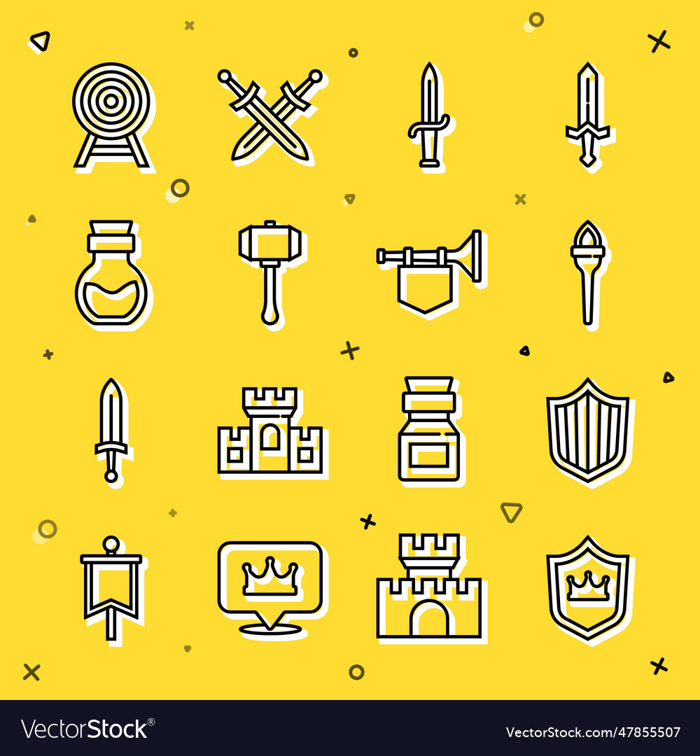 Set line shield with crown torch flame dagger vector image Set line shield with crown torch flame dagger