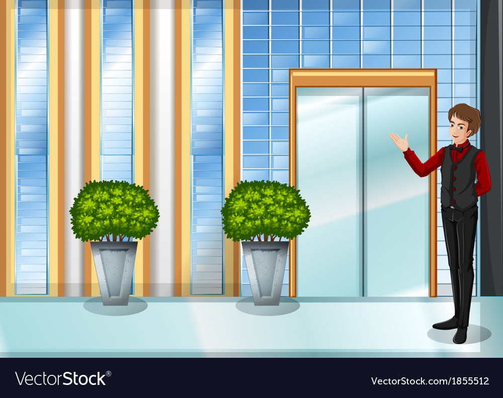 A waiter near the restaurants entrance door Vector Image