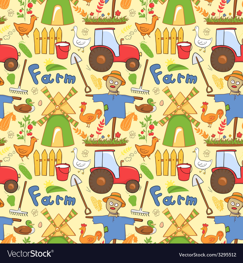Seamless pattern farm elements in doodle style