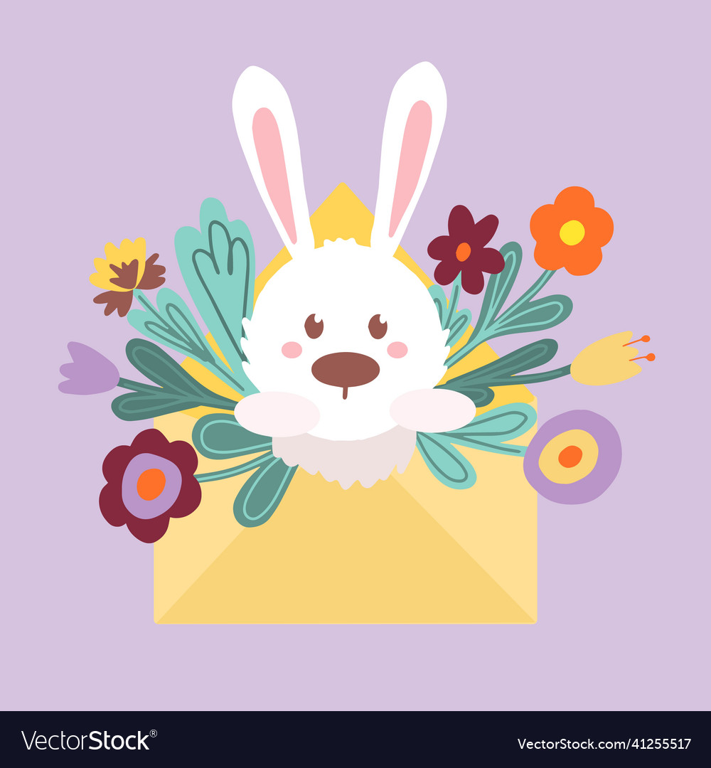 Easter bunny in an envelope with a bouquet