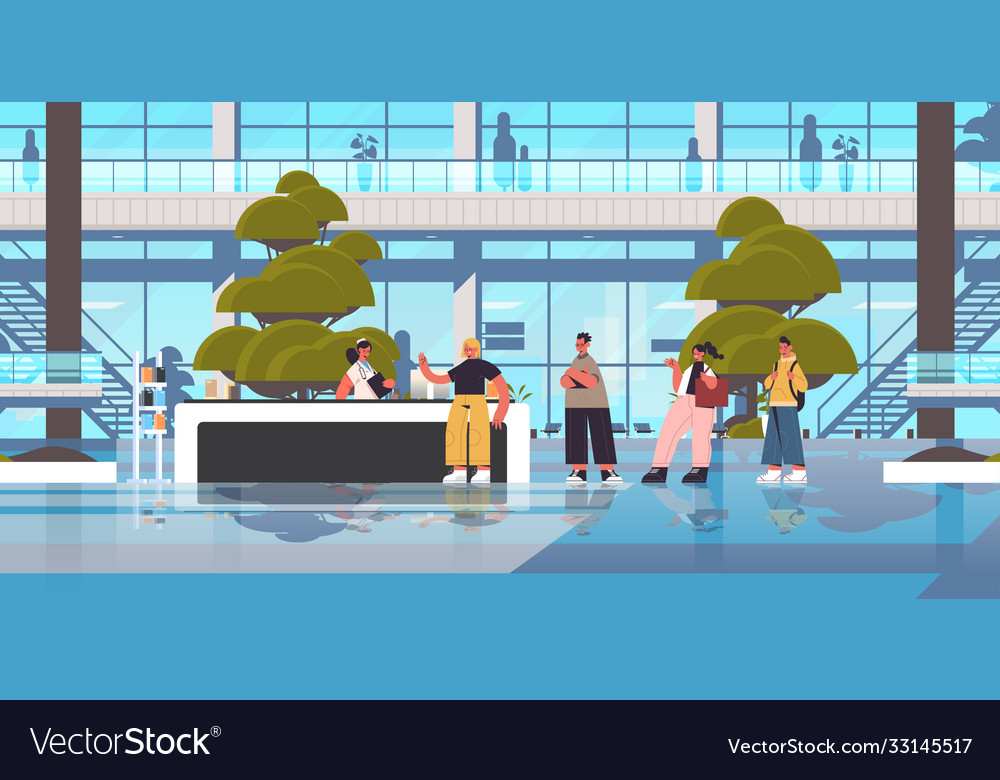 Patients standing line queue at reception counter vector image Patients standing line queue at reception counter