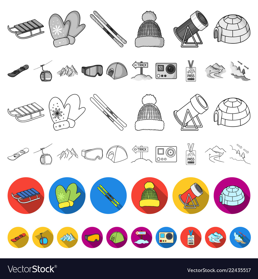 Ski resort and equipment flat icons in set