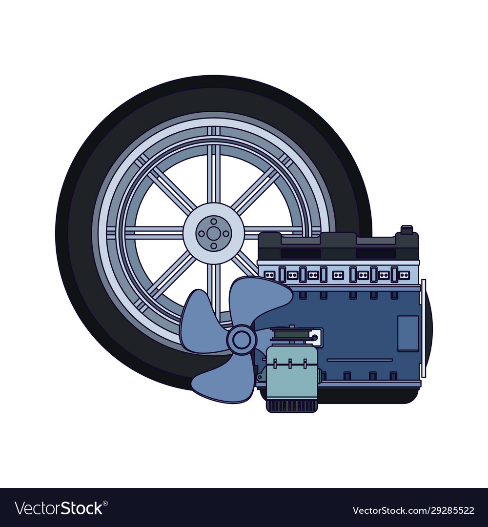 Car tire with engine parts icon