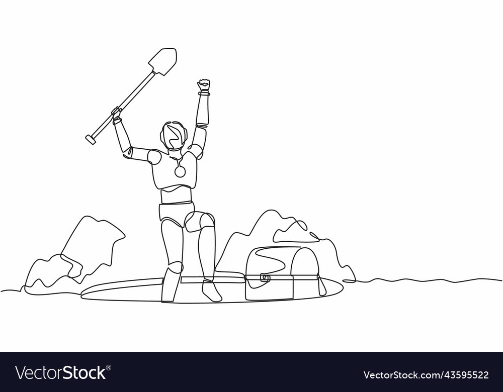 Continuous one line drawing happy robot lifting vector image Continuous one line drawing happy robot lifting