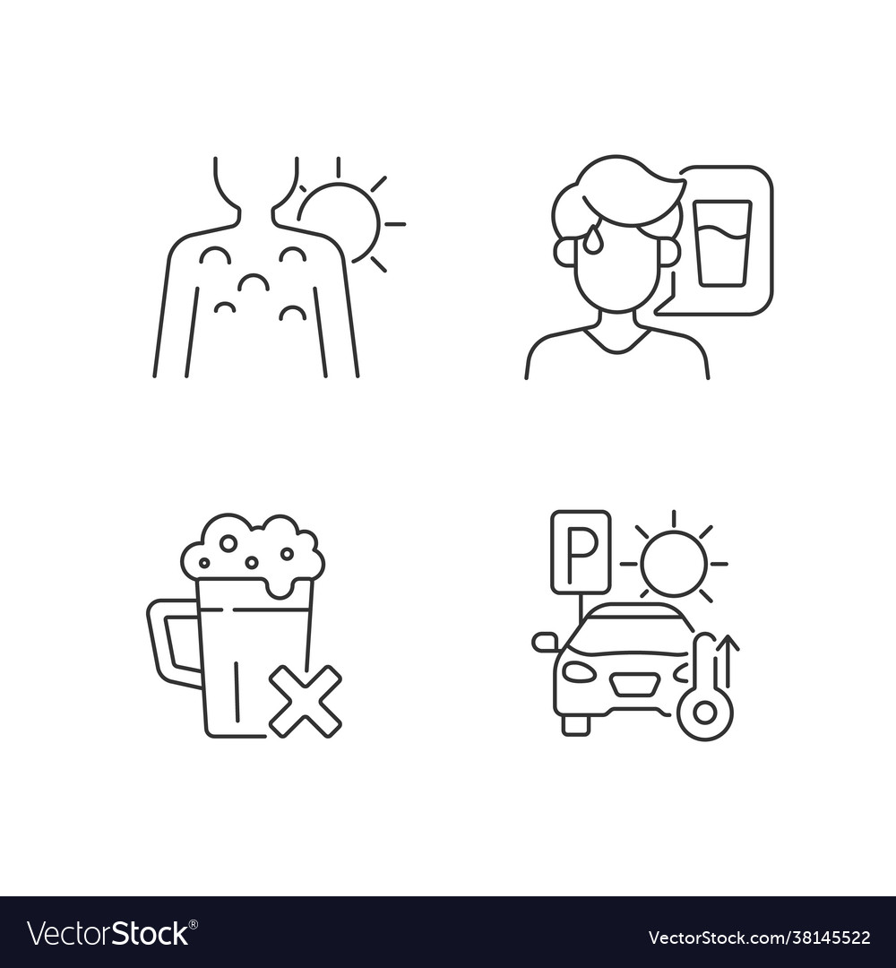 Sunstroke precaution linear icons set