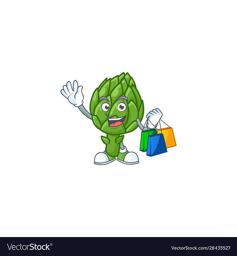 Cheerful artichoke mascot waving and holding Vector Image