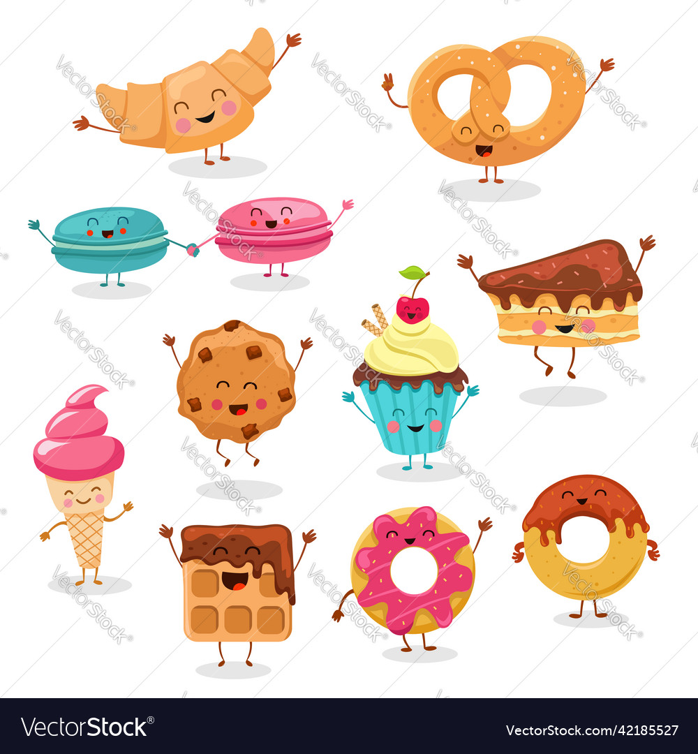 Collection of cute dessert characters Royalty Free Vector