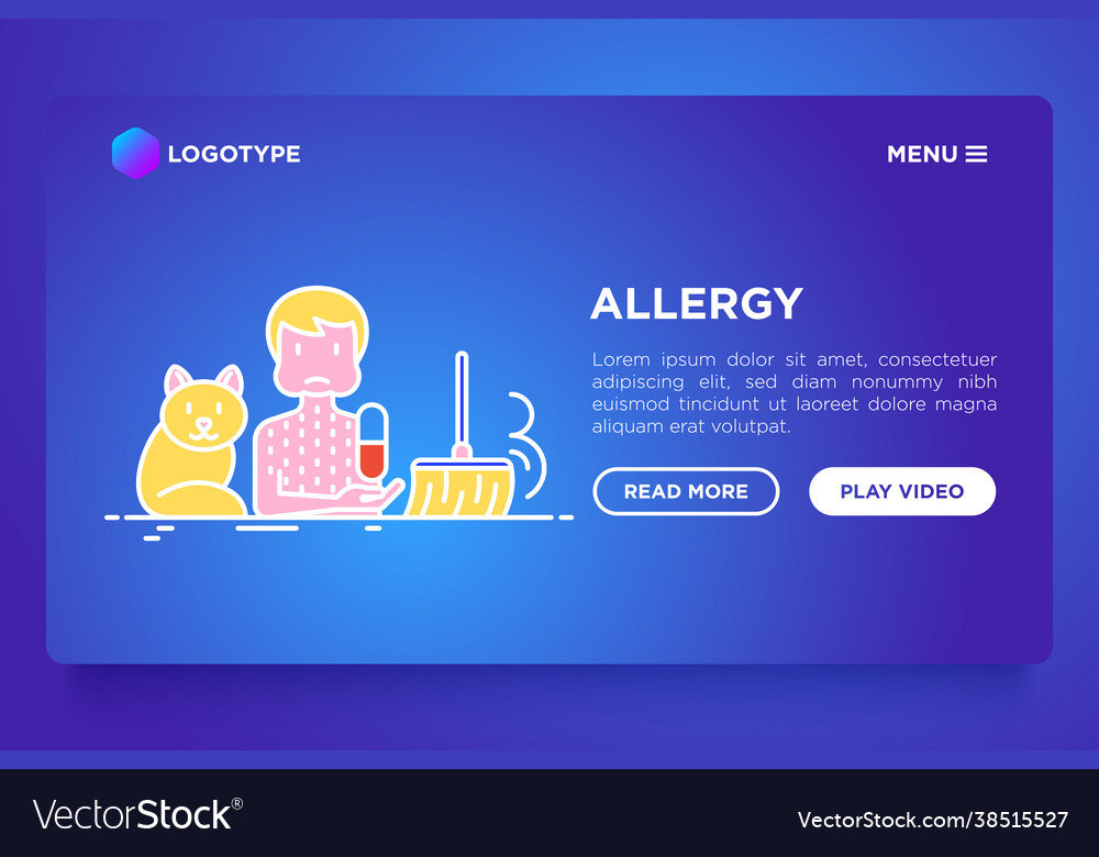 Man with allergy and thin line icons around cat