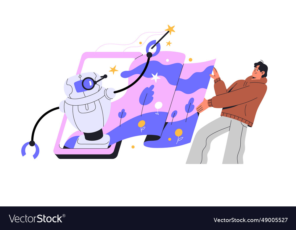 Neural networks concept ai robot help designer vector image Neural networks concept ai robot help designer