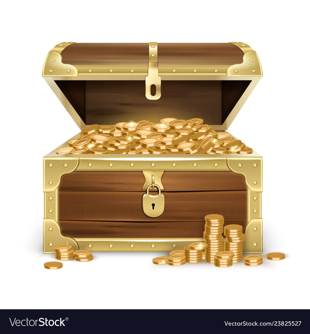 Ancient gold coins in heavy open wooden chest Vector Image