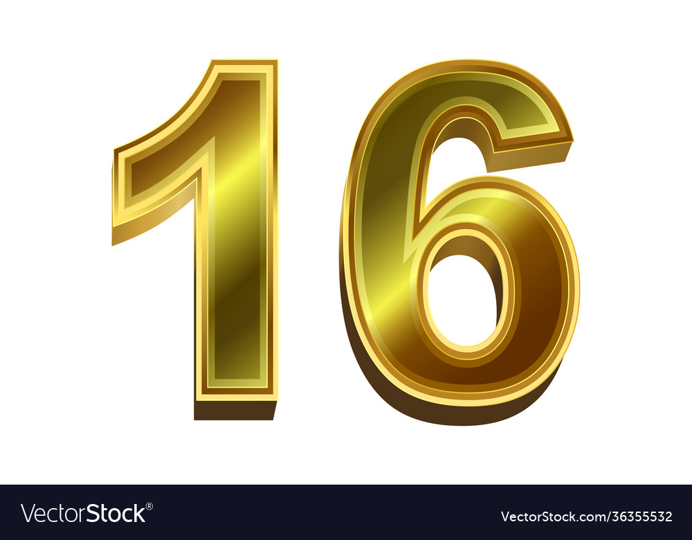 3d golden number 16 isolated on white background Vector Image