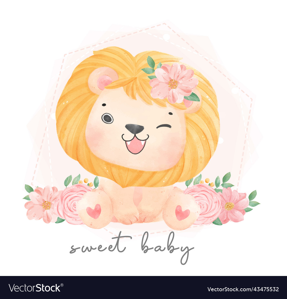 Cute watercolor sweet floral baby lion wildlife